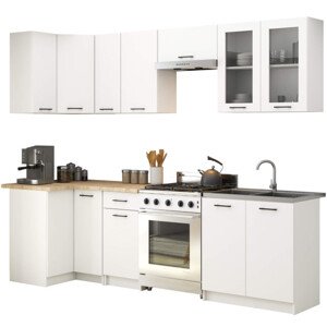 Rohová kuchyňská linka OLIVIA H720 3 m s vitrínou bílá