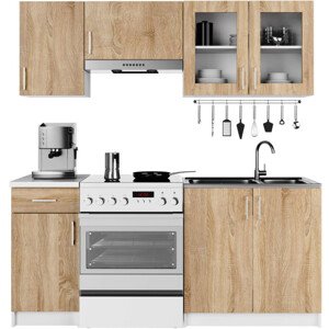 Kuchyňská linka LIMA s vitrínou 1.8 m bílá / dub sonoma