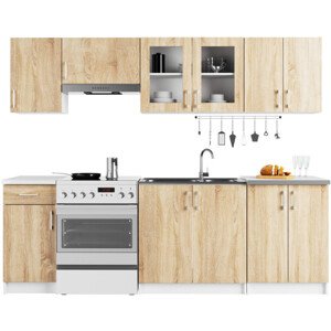 Kuchyňská linka LIMA s vitrínou 2.4 m bílá / dub sonoma